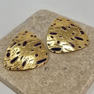 Vtg 80s statement earrings L Bott gold tone purple enamel  pierced